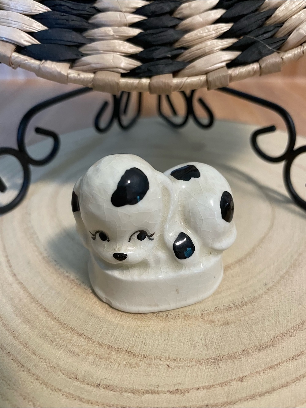 Vintage White and Black Ceramic Puppy Figurine